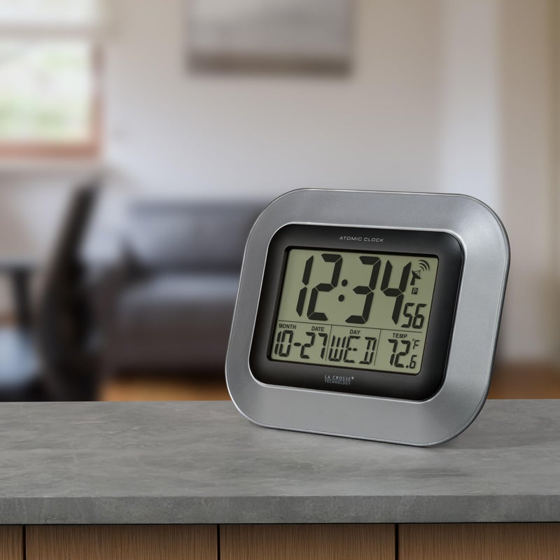 La Crosse Technology WT-8005U-S Atomic Digital Wall Clock with Indoor Temperature, Silver - Image 5